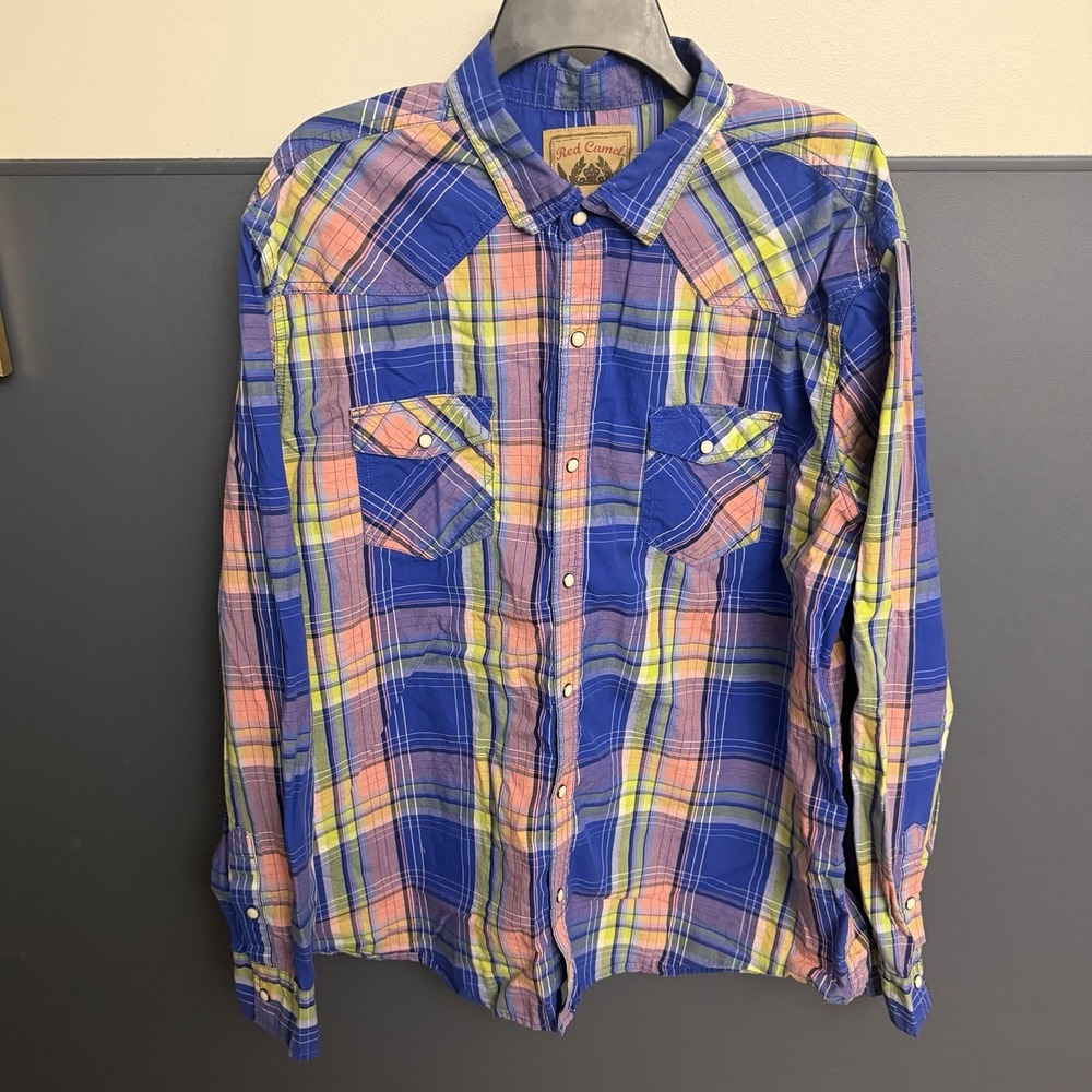 Vtg Red Camel Pearl Snap Plaid Button Up Western Shirt Blue Multi LS Men's 2XL